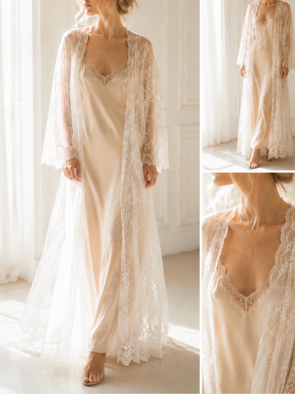Vintage Lace Robe Duster Ivory Floral Sheer Boho